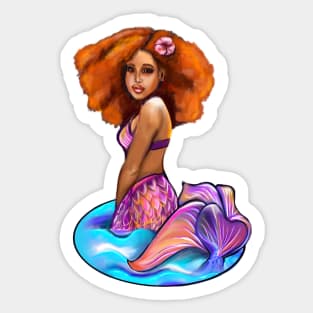 Amber the black mermaid princess rainbow coloured colored fins, afro hair brown skin African American mermaids Sticker